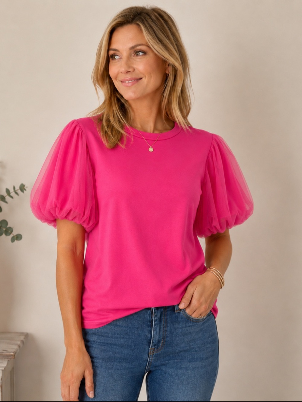Strut & Bolt Hot Pink Tulle Puff Sleeve T-Shirt Top Sz L